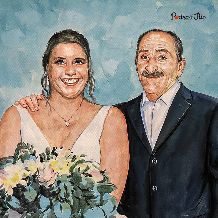 Pastel painting of bride with father